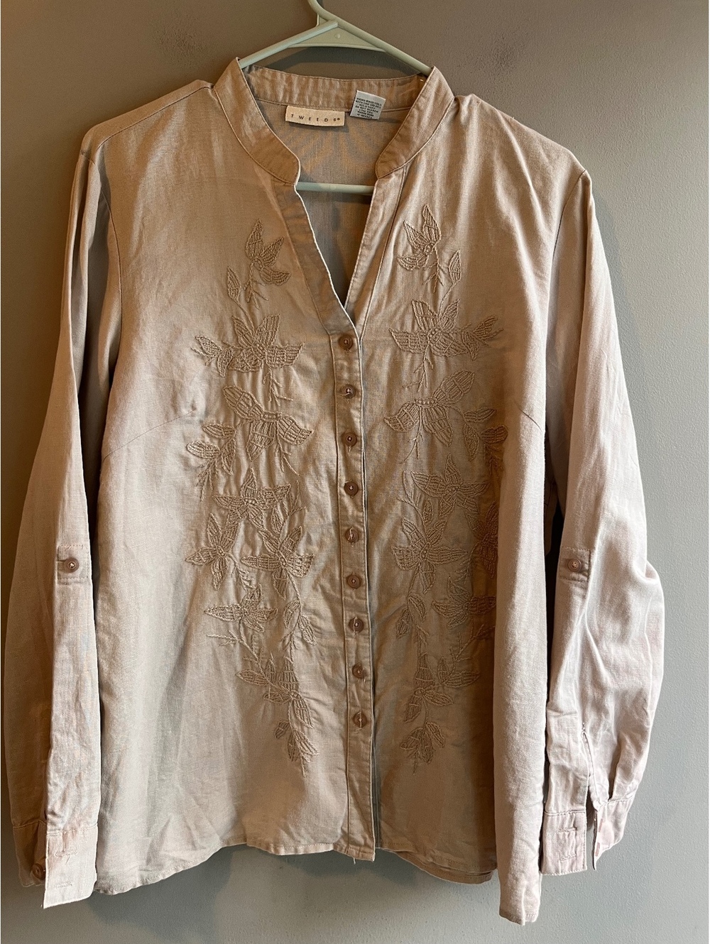Vintage Tweeds 100% Linen Embroidered Blouse Boho Mandarin Collar Size L/XL